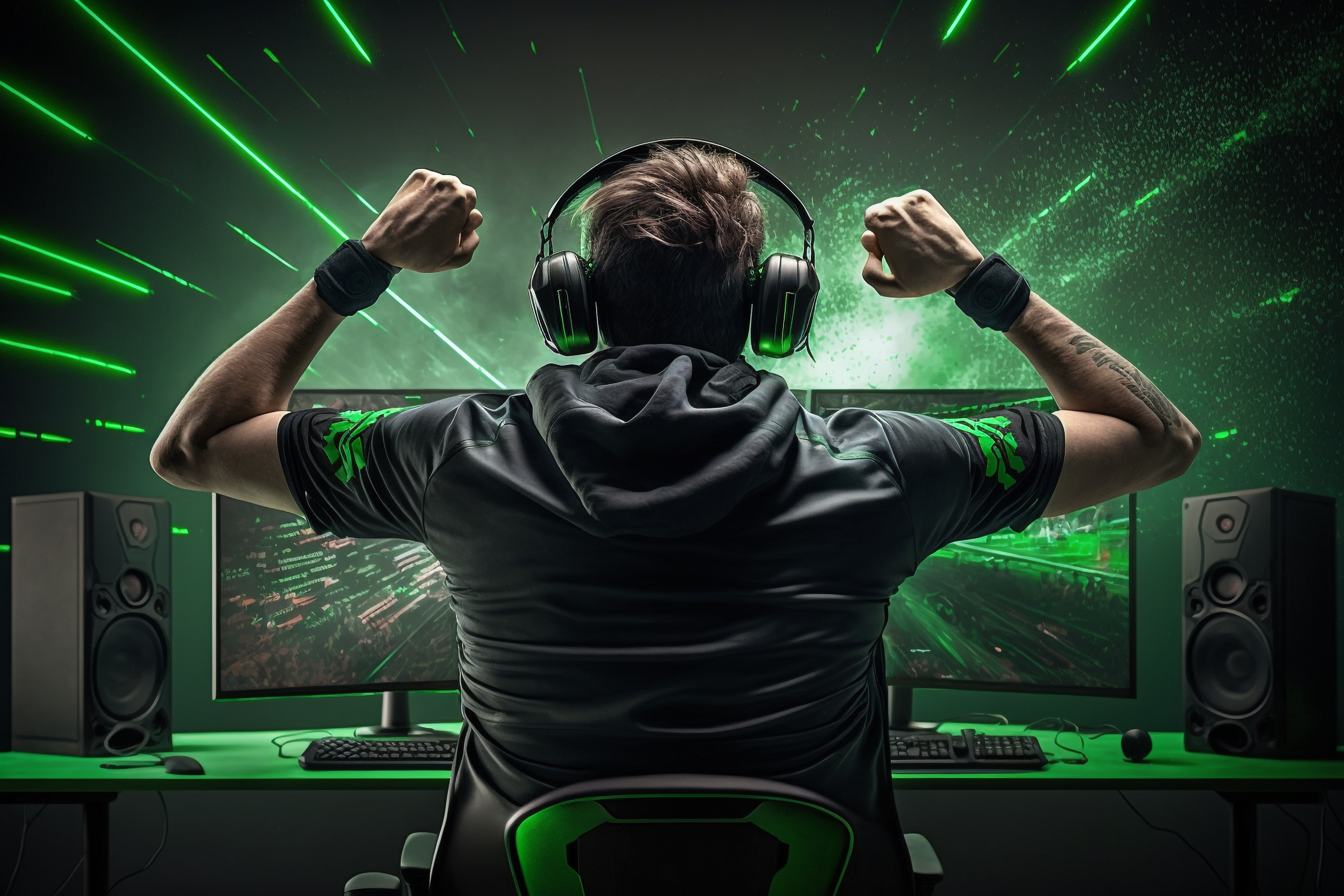 Professional eSports gamer back side view rejoices in the victor